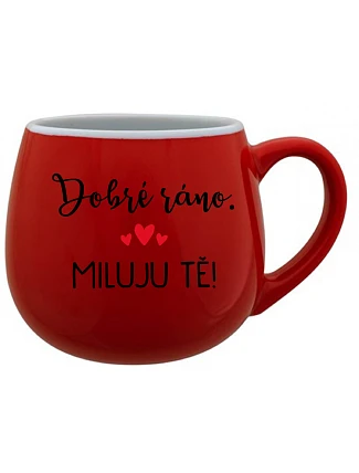 DOBRÉ RÁNO. MILUJEM ŤA! - červený keramický hrnček 300 ml