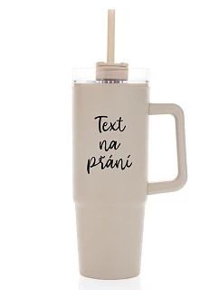TEXT NA PŘÁNÍ - béžový cestovní termohrnek s průhledným víčkem 900 ml