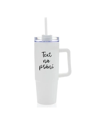 TEXT NA PŘÁNÍ - bílý cestovní termohrnek s průhledným víčkem 900 ml  