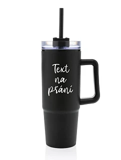 TEXT NA PŘÁNÍ - černý cestovní termohrnek s průhledným víčkem 900 ml