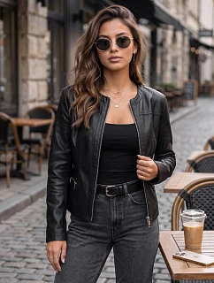 Dámska priliehavá čierna bunda z eko-kože FashionStreet TY5721