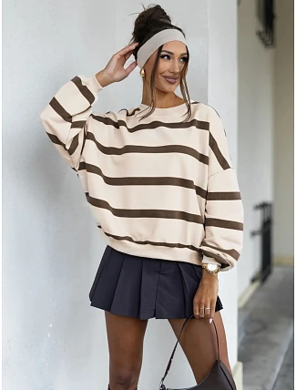 Dámska mikina oversize s pruhmi, béžová, FashionStreet BY1566 Dámska mikina oversize s pruhmi, béžová, FashionStreet BY1566