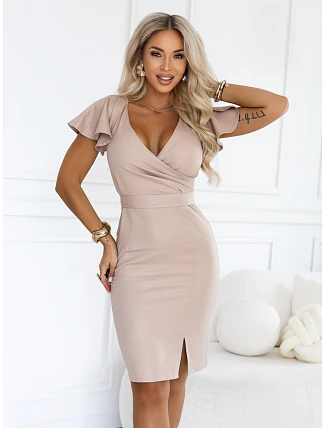 479-16 NINA – elegantné šaty s výstrihom do V, rukávmi a opaskom – tmavo béžové s brokátom 479-16 NINA – elegantné šaty s výstrihom do V, rukávmi a opaskom – tmavo béžové s brokátom