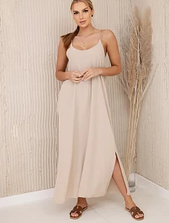 Dlhé šaty bez ramienok tmavo béžové