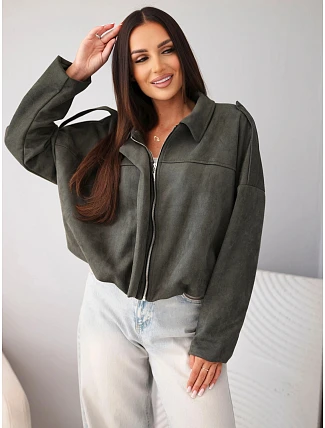 Dámska semišová bunda s golierom a dlhými rukávmi v khaki farbe Dámska semišová bunda s golierom a dlhými rukávmi v khaki farbe