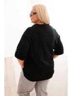 Dámske Plus veľkosť bavlnená blúzka s voľným strihom a vodným výstrihom čierna