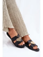 Klapki Damskie Na Płaskim Obcasie Ze Złotą Ozdobą Czarne Karinma