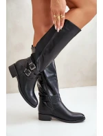 Kozaki Damskie Przed Kolano Na Płaskim Obcasie Z Klamrami Czarne Lotina