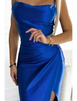 483-3 DIANE saténové dlhé šaty s rozparkom na nohách - CHABROW