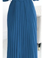 504-5 VIVIANA Plisované midi šaty s výstrihom, dlhými rukávmi a širokým opaskom - JEANS 504-5 VIVIANA Plisované midi šaty s výstrihom, dlhými rukávmi a širokým opaskom - JEANS