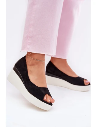 Sandały Damskie Na Koturnie Z Eko Zamszu Czarne Velira