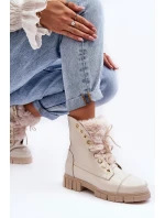 Skórzane Botki Damskie Z Futerkiem Jasnobeżowe Lewski 3296