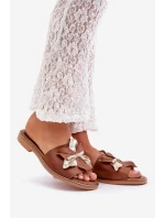 Klapki Z Ozdobą Skóra Naturalna Zazoo 3574/Z Camel