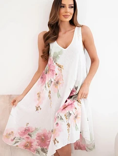 Dámske bavlnené oversize šaty s výstrihom do V a kvetinovou potlačou biele