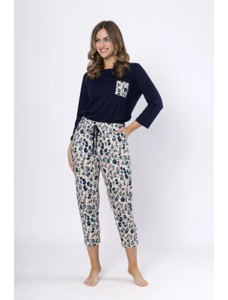 Dámske pyžamo WICTORIA 1664 Tmavomodré s béžovou - LEVEZA Dámske pyžamo WICTORIA 1664 Tmavomodré s béžovou - LEVEZA