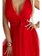 Červené tylové dámske šaty s výstrihom a mašľou 523-2