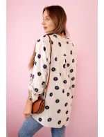 Dámska ľanová blúzka s kvetinovým vzorom, dlhými rukávmi a gombíkmi