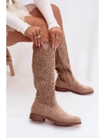 Dámské perforované vysoké kozačky na nízkém podpatku S.Barski HY61-8023 Béžové