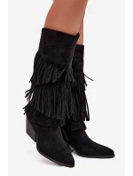 Ocieplane Kozaki Kowbojki Damskie Z Frędzlami Czarne Brivina
