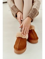 Skórzane Zamszowe Kapcie Damskie Na Platformie Z Futerkiem Camel Sophienne