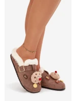 Dámské pantofle s ozdobami a přezkou vyhřívané kožešinou hnědé Thalora