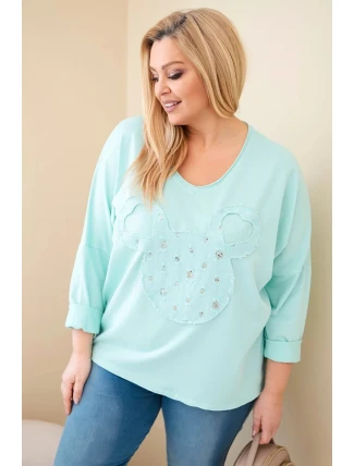 Dámske bavlnené Plus veľkosť V-neck blúzka Mint
