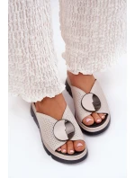 Skórzane Klapki Damskie Z Ozdobą S.Barski LR51-662 Beżowe