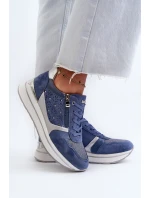 Sneakersy Damskie Na Platformie Z Ażurowym Wzorem I Brokatem INBLU IN000372 Niebieskie