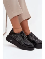 Skórzane Sznurowane Półbuty Damskie Na Platformie Artiker 57C2043 Czarno-Srebrne