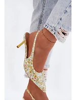 Zdobené dámské sandály na podpatku s květinovým vzorem Žluté Olivelle