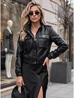 Dámska kožená bomberová bunda na prechodné obdobie, čierna, FashionStreet TY5856 Dámska kožená bomberová bunda na prechodné obdobie, čierna, FashionStreet TY5856