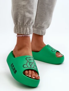 Piankowe Klapki Damskie Na Masywnej Podeszwie Z Misiem Zielone Lamira