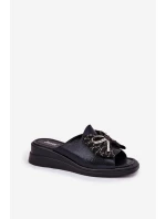 Klapki Damskie Na Koturnie Z Kokardą Czarne Moonzella