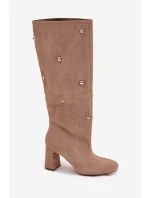 Kozaki Damskie Ocieplane Na Słupku Z Ozdobnymi Detalami Beżowe Lucinda