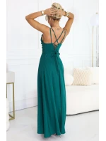589-6 Maxi šaty bez ramienok s korzetovým zaväzovaním vzadu a rozparkom - fľaškovo zelené