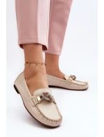Skórzane Mokasyny Damskie Z Ozdobą Laura Messi 2761 Jasnobeżowe