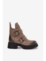Dámske kožené zateplené členkové topánky s prackami a ozdobnými detailmi Zazoo 60482 dark beige