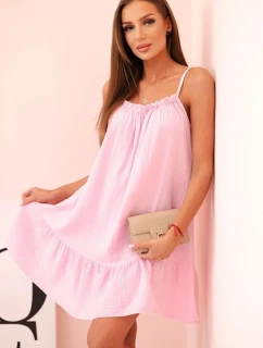 Dámske mušelínové šaty s ramienkami a volánom candy pink