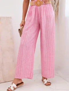 Dámske pruhované viskózové nohavice so širokými nohavicami ružovej farby