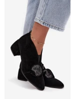 Skórzane Zamszowe Botki Damskie Na Obcasie Z Ozdobą D&A MR52-182 Czarne