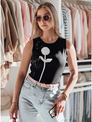 PETITO čierne FashionStreet RY2731 dámske bavlnené tričko bez ramienok s kvetmi PETITO čierne FashionStreet RY2731 dámske bavlnené tričko bez ramienok s kvetmi