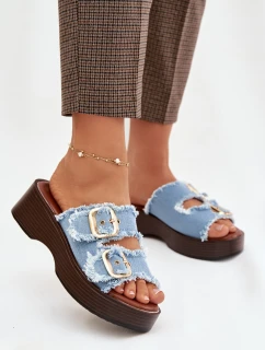 Dámske papuče na platforme 100-486 Džínsová modrá s čiernou - Joalice Paris