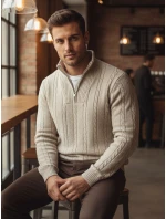 Pánsky sveter so stojacím golierom béžovej farby FashionStreet WX2327 Pánsky sveter so stojacím golierom béžovej farby FashionStreet WX2327