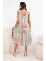 Dámske bavlnené oversize šaty s výstrihom do V a kvetinovou potlačou v khaki farbe