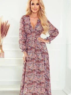 Dámske šifónové midi šaty s hnedým vzorom "boho" 378-1