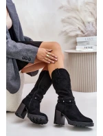 Kozaki Damskie Do Połowy Łydki Na Słupku Ocieplane Czarne Ivanelis