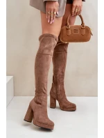 Kozaki Na Słupku I Platformie Z Cholewką Za Kolano Eko Zamszowe Ciemnobeżowe Zistaria