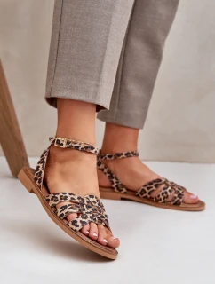 Skórzane Sandały Damskie Na Płaskim Obcasie Panterka Zazoo 3688 Brązowe