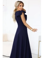 Dámske elegantné maxi šaty s volánmi 660-1 tmavo modré - Numoco