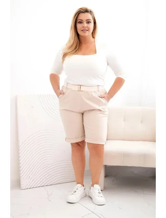 Dámske Plus veľkosť bavlnené šortky s opaskom svetlo béžová